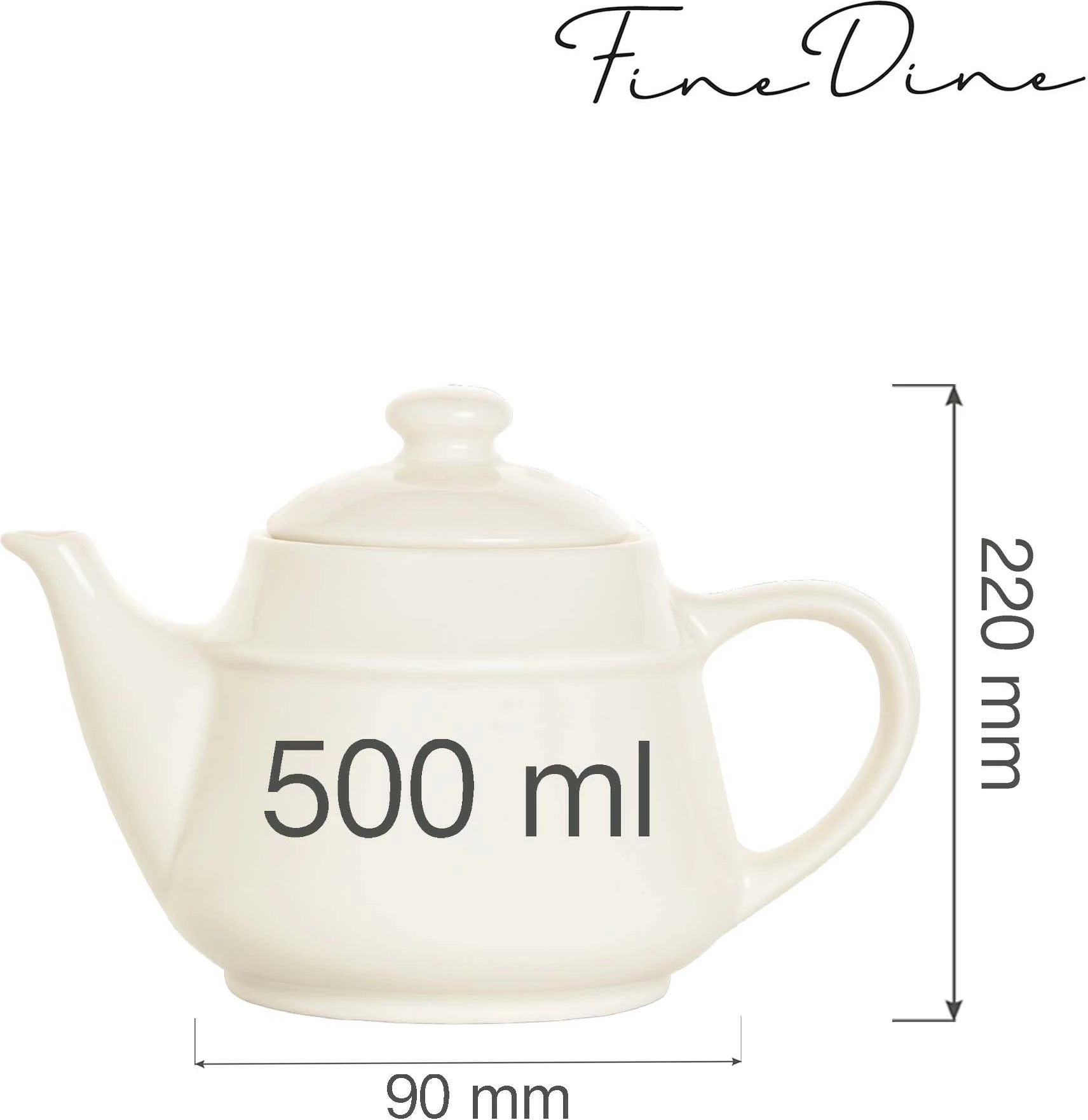 Çajnik Fine Dine Crema 500 ml, porcelan i vitrifikuar, krem, set 6 copë