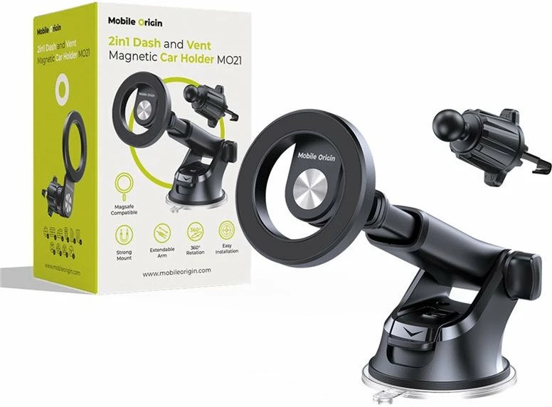 Mbajtës magnetik për celular në veturë Mobile Origin MO21, 2n1 dash/vent, MagSafe, rrotullim 360°, 4-7", i zi, set me thithëse dhe klips ventilimi