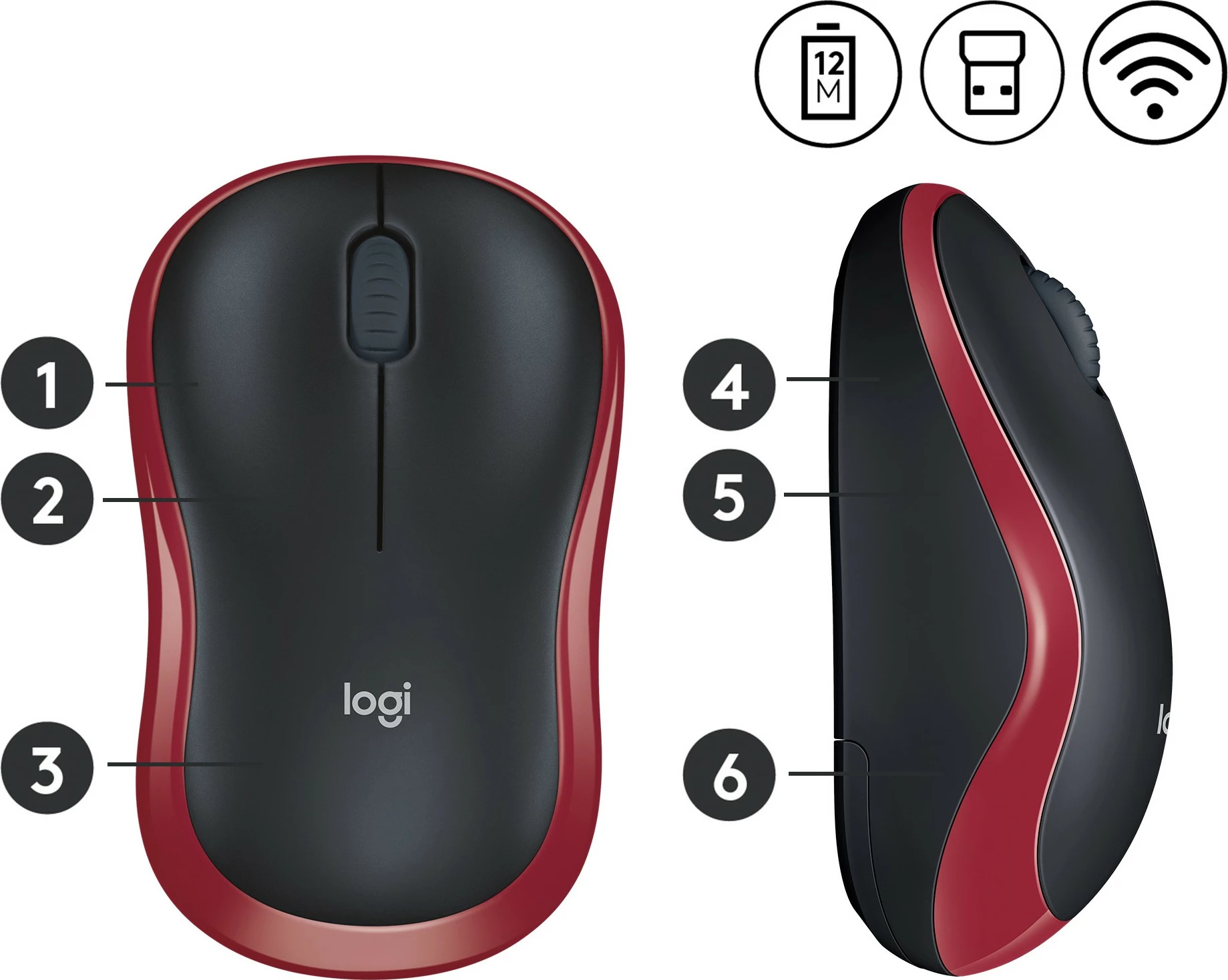 Maus Logitech Wireless M185, Optik, RF Wireless, 1000 DPI, Zi, Kuq