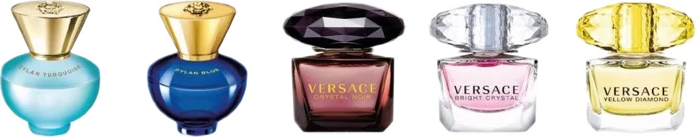 Set miniaturash Eau de Toilette dhe Eau de Parfum për femra Versace Crystal Noir, Dylan Turquoise, Yellow Diamond, Bright Crystal, Pour Femme Dylan Blue, 5 copë