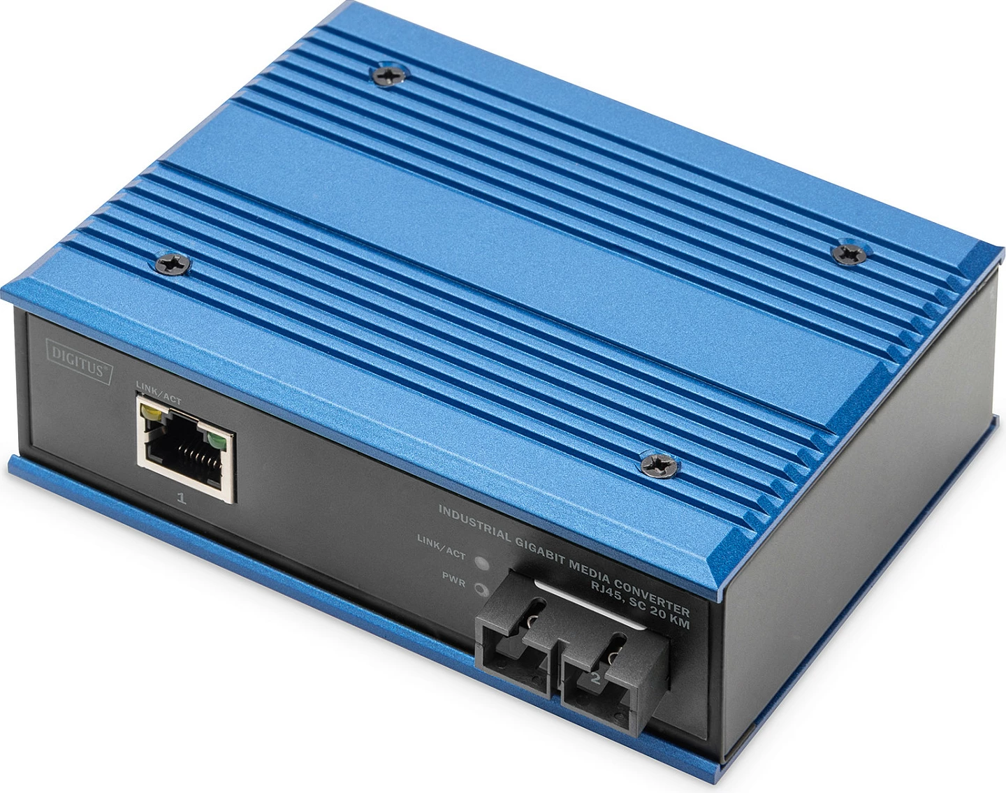 Media konverter industrial Digitus, RJ45 në fibër SC, Gigabit 1000 Mbps, 20 km, blu