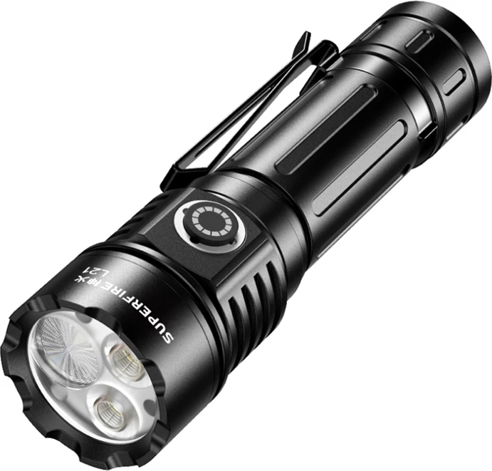 Dritë dore Superfire L21 1350 lm, USB-C, bateri 3000 mAh, IP44, e zezë, set me bateri + kabllo