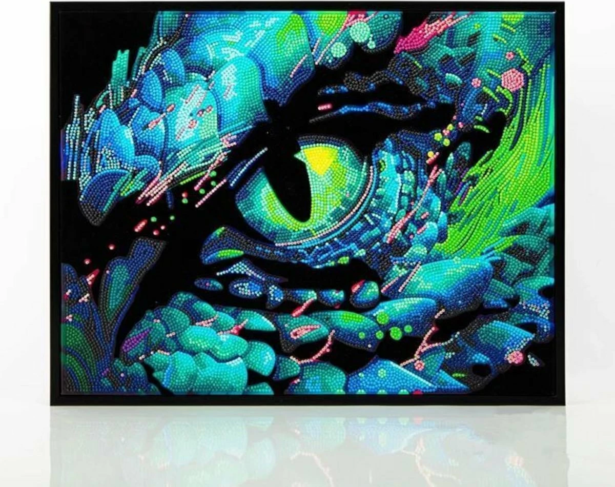 Set mozaik me diamantë Diamond Dotz Adults Flocked Neon Dragon Eye 18\" x 14\" shumëngjyrësh neon