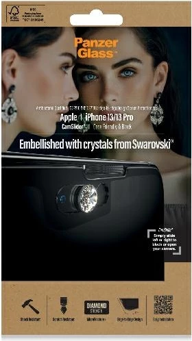 Xham mbrojtës PanzerGlass E2E Microfracture për iPhone 13/13 Pro, me kristal Swarovski, kornizë e zezë