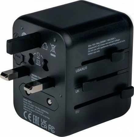 Adapter udhëtimi universal Verbatim UTA-01, 2x USB-A, 100-250V, 180+ shtete, i zi