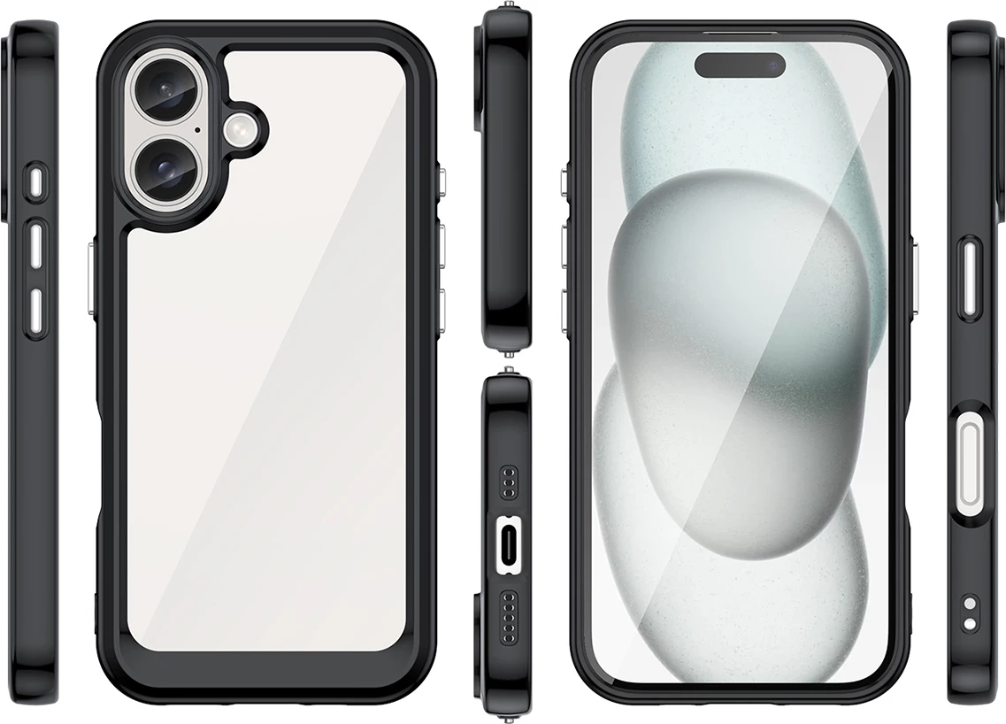 Mbështjellës Hurtel Outer Space Case për iPhone 16e, kornizë fleksibile, transparent, i zi