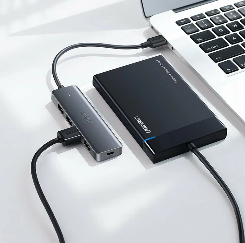 Kasë USB HUB Ugreen CM219 50985, 4x USB 3.2 Gen 1, me port micro USB për rrymë, Gri