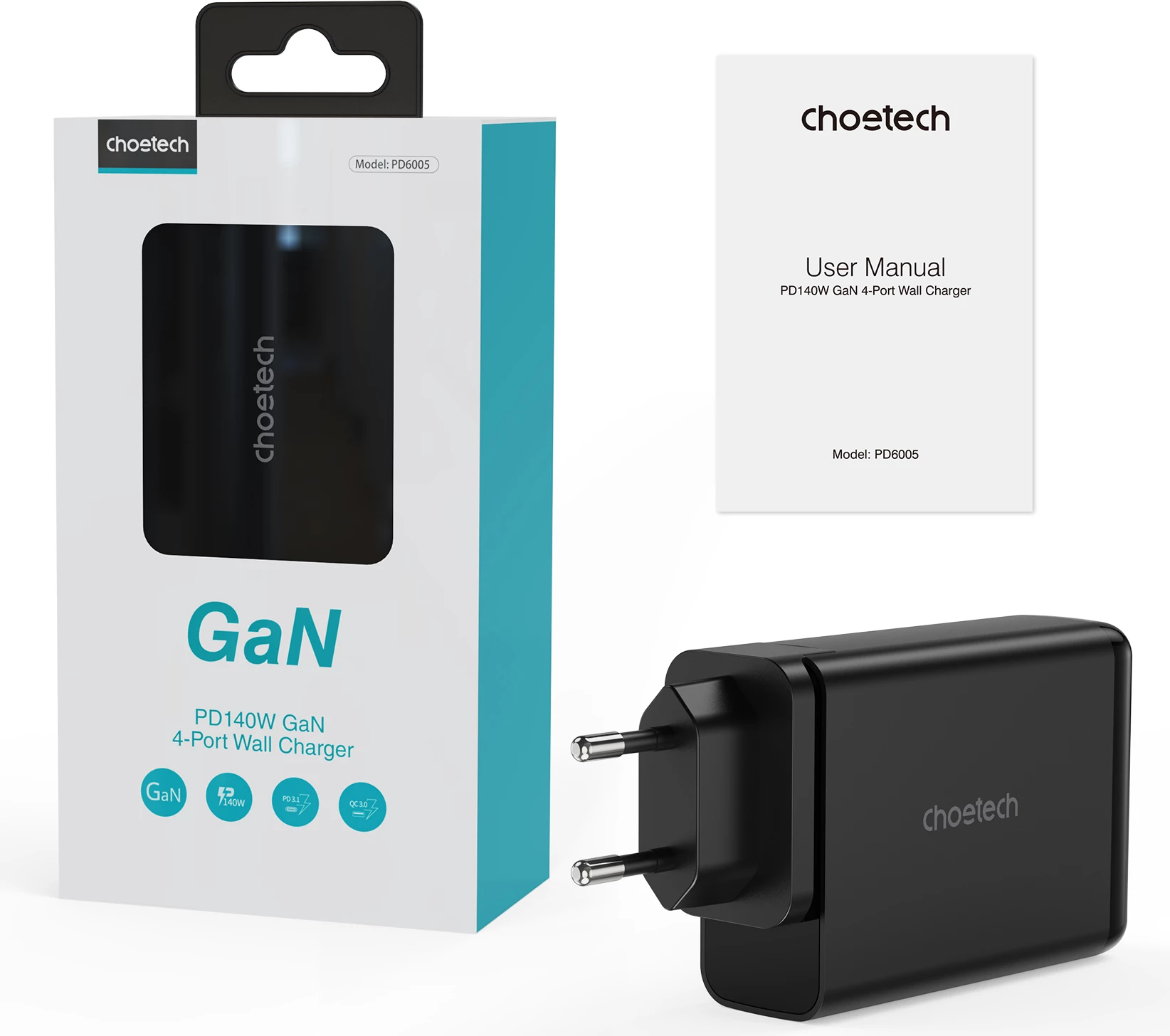 Karikues muri Choetech PD6005, 140W, 4 porta (2x USB-C, 2x USB), i zi