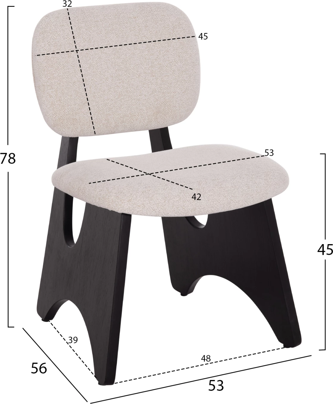 Karrige ngrënieje BELLISI, stof krem i bardhë, dru i zi, FH18248.02, 53x56x78cm, set prej 2 copësh