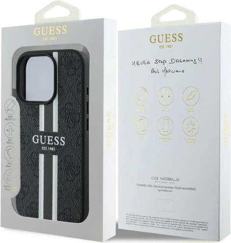 Mbështjellës Guess 4G Printed Stripes MagSafe për iPhone 16 Pro Max, i zi