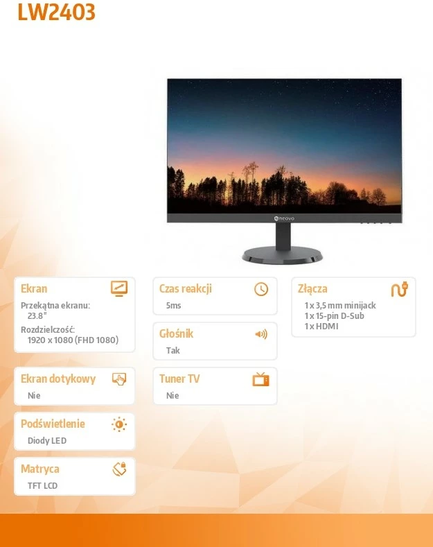 Monitor IPS 23.8" AG Neovo LW-2403 FHD 1920x1080 100Hz HDMI VGA altoparlantë të integruar i zi