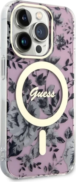 Mbështjellës Guess GUHMP14LHCFWSP për iPhone 14 Pro 6.1", Flower MagSafe, rozë