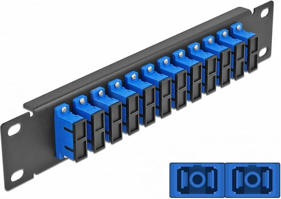 Panel patch fiber optik DeLOCK 10" 12-port SC Duplex, 1U, për rack, i zi/blu