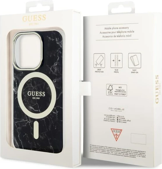 Mbështjellës Guess GUHMP14LPCUMAK për iPhone 14 Pro 6.1", MagSafe, mermer, zi