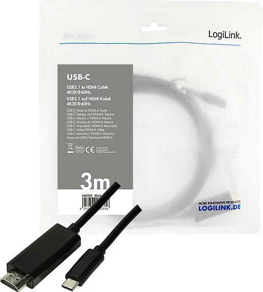 Kabllo LogiLink USB-C në HDMI, 4K/60Hz, 3 m, e zezë