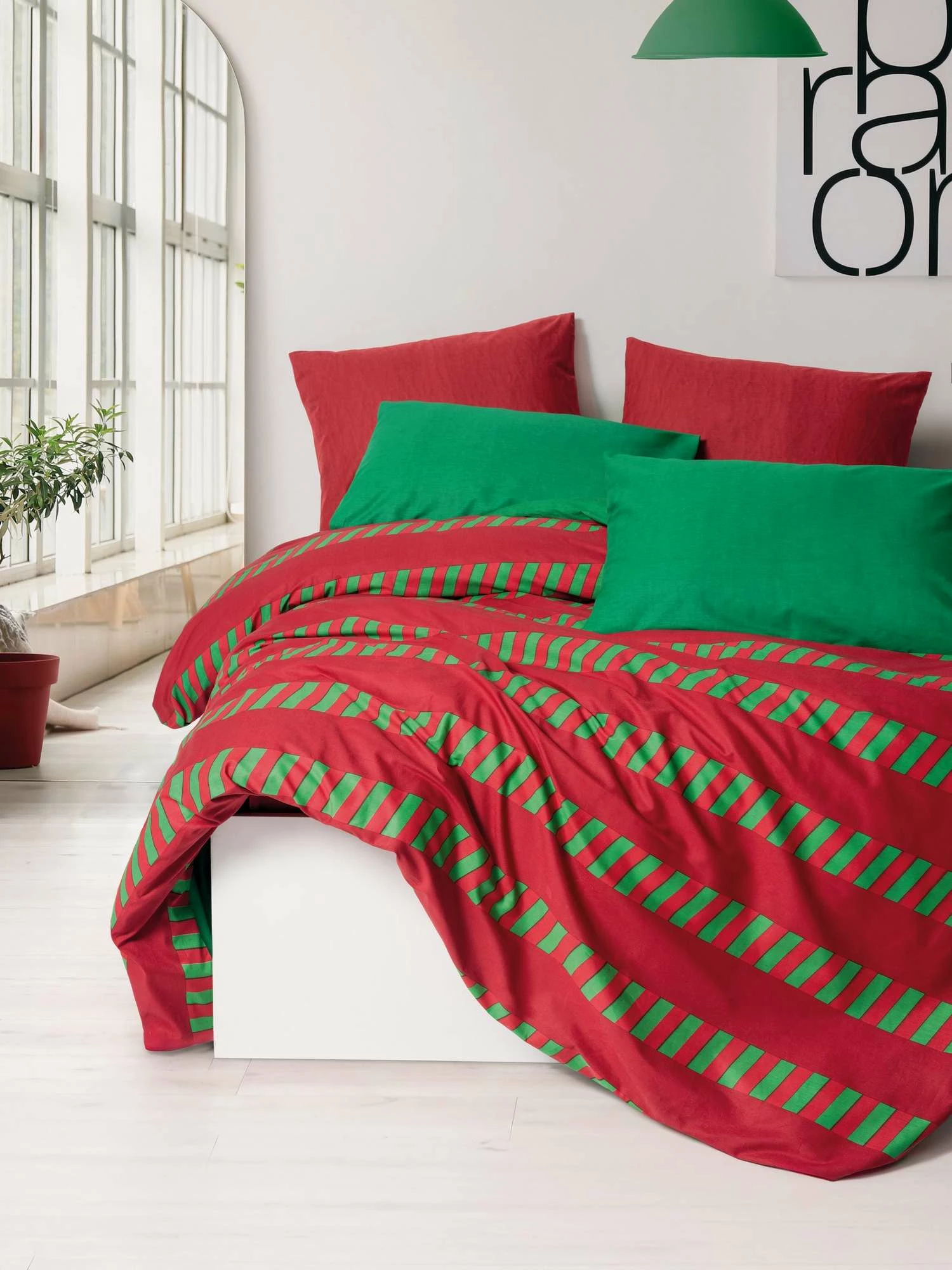 Set mbulesash për dyshek dopio, ngjyrë e gjelbër dhe e kuqe, L'essentiel, Ranforce, Holly