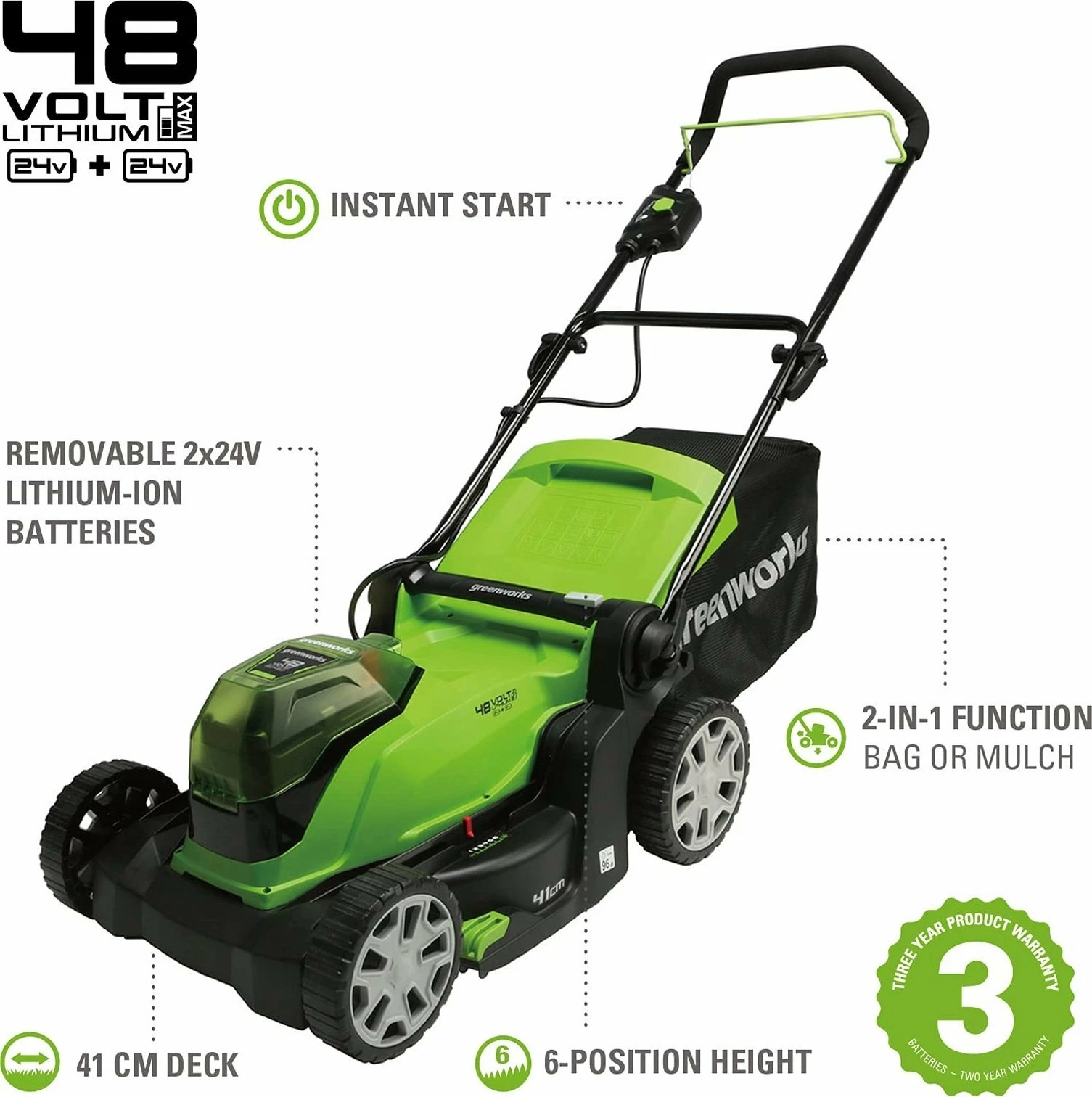 Kositëse bari pa kabllo Greenworks G24X2LM41K2x 41 cm, 2x24V (48V), 2x2Ah, me karikues dual + 2 bateri