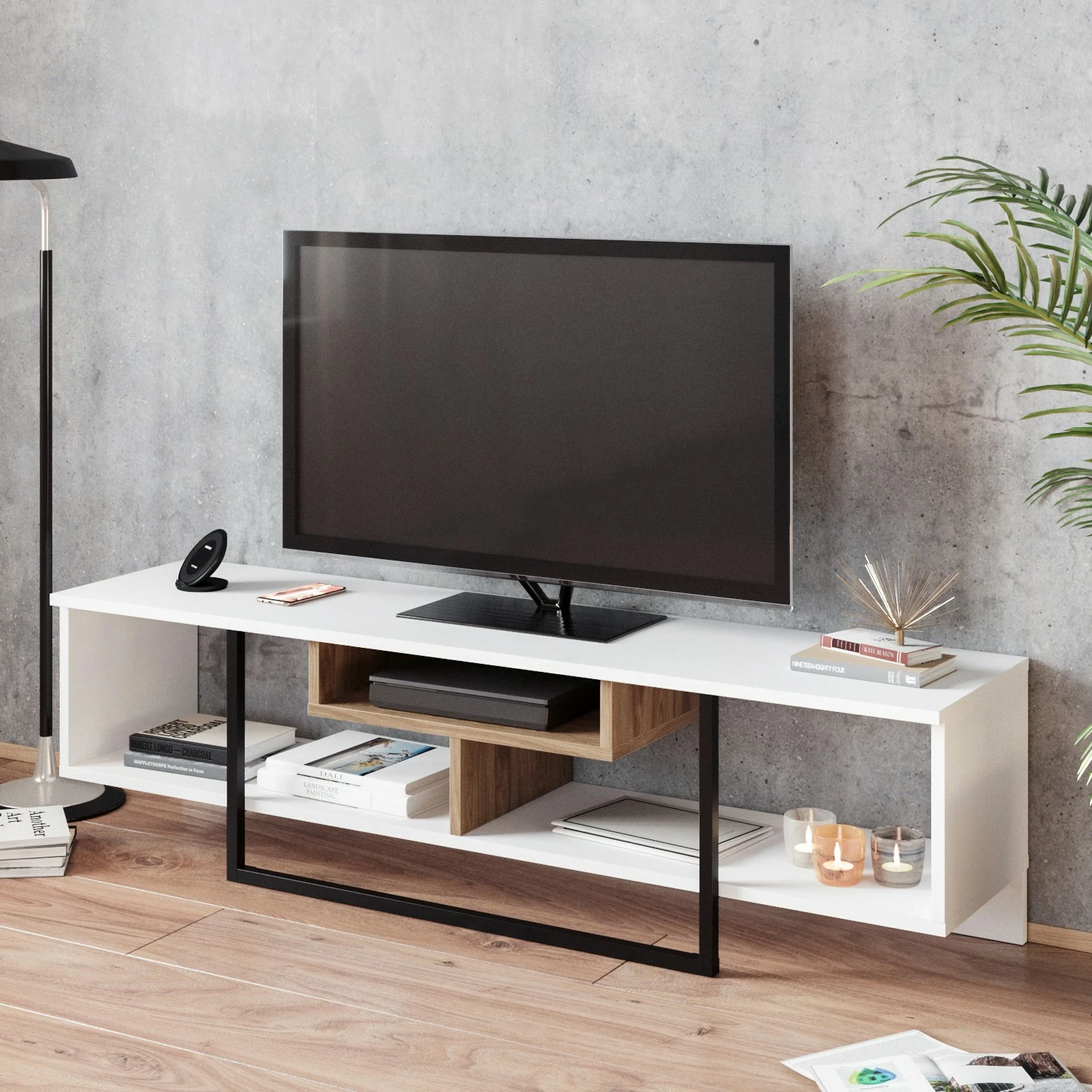 Komodë TV, Skye Decor, e bardhë, dru, e zezë, 150cm
