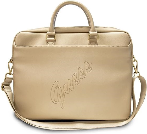 Çantë laptopi Guess Saffiano Script, 16 inç, lëkurë eko, ari