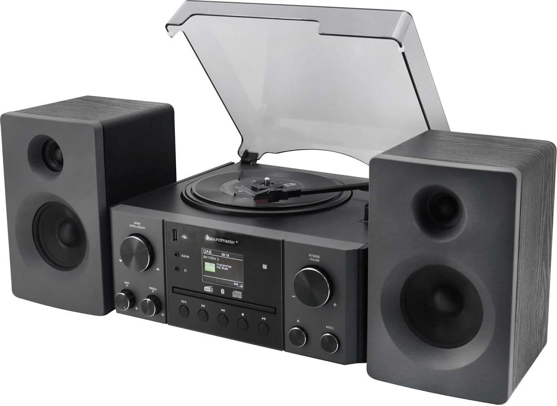 Sistem muzikor tower Soundmaster MCD1950SW, Bluetooth, DAB+/FM, CD/MP3, USB, gramafon, 20W, zi, set me 2 altoparlantë