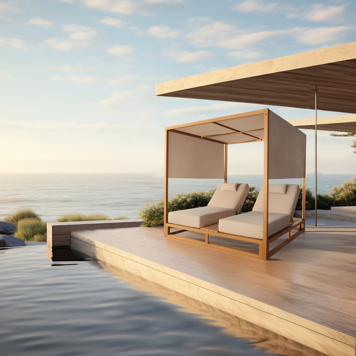 Shezlong dyshe me hije, GALLANT CD6097.10, alumin, jastëkë bezhë, 200x200x200cm