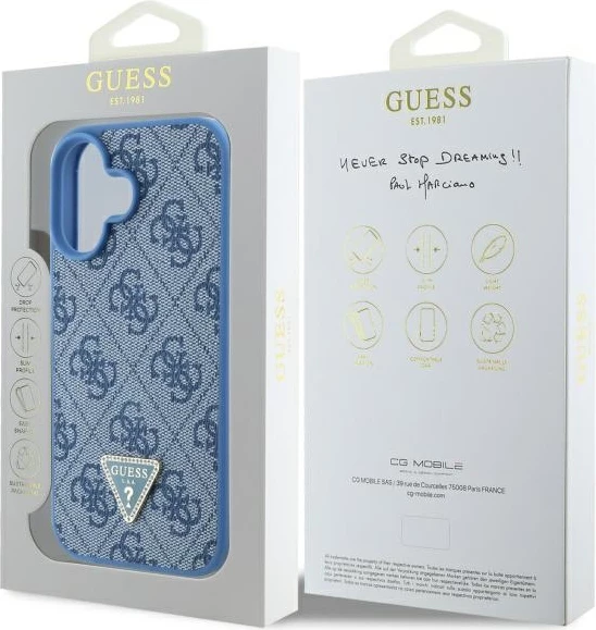 Mbështjellës Guess Hardcase Leather 4G Triangle Strass për iPhone 16, MagSafe, Kaltër