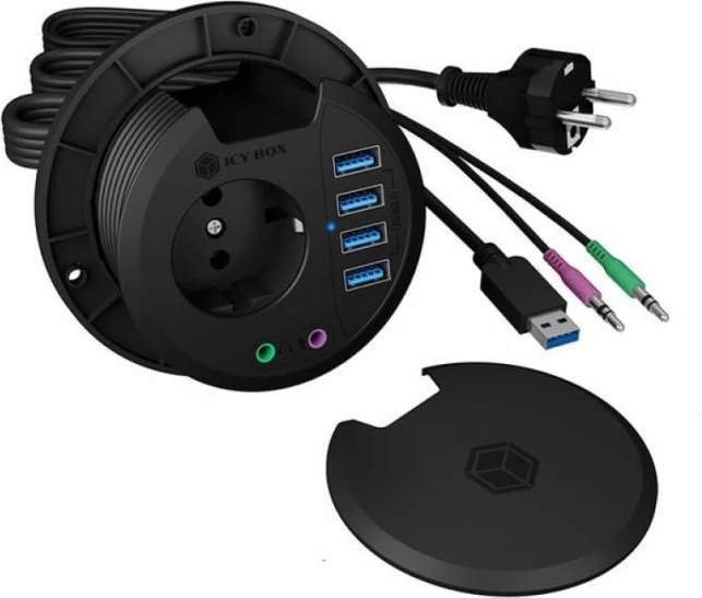 Hub USB desktop ICYBOX IB-HUB1430 4-port USB 3.2 Gen 1 (5 Gbit/s), prizë EU 230 V, 2x audio 3.5 mm, i zi