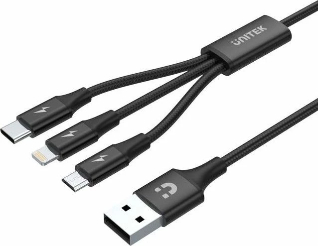 Kabllo USB Unitek C14049BK 3-në-1 USB-A në USB-C + MicroUSB + Lightning 1.2 m e zezë