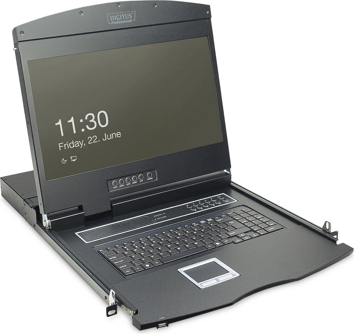 Konsolë KVM LCD Digitus 19", 16-Port Cat5, 1366x768, tastierë gjermane, 1U, e zezë
