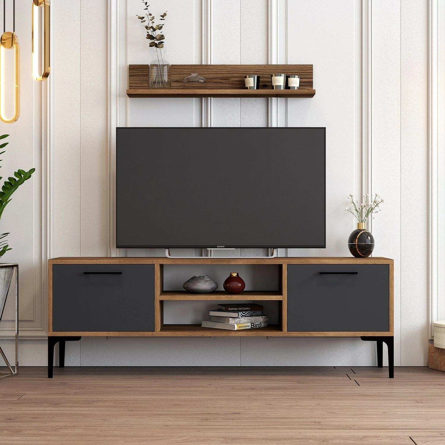 Komodë TV Hanah Home, Riga, ngjyrë arrë dhe antracit