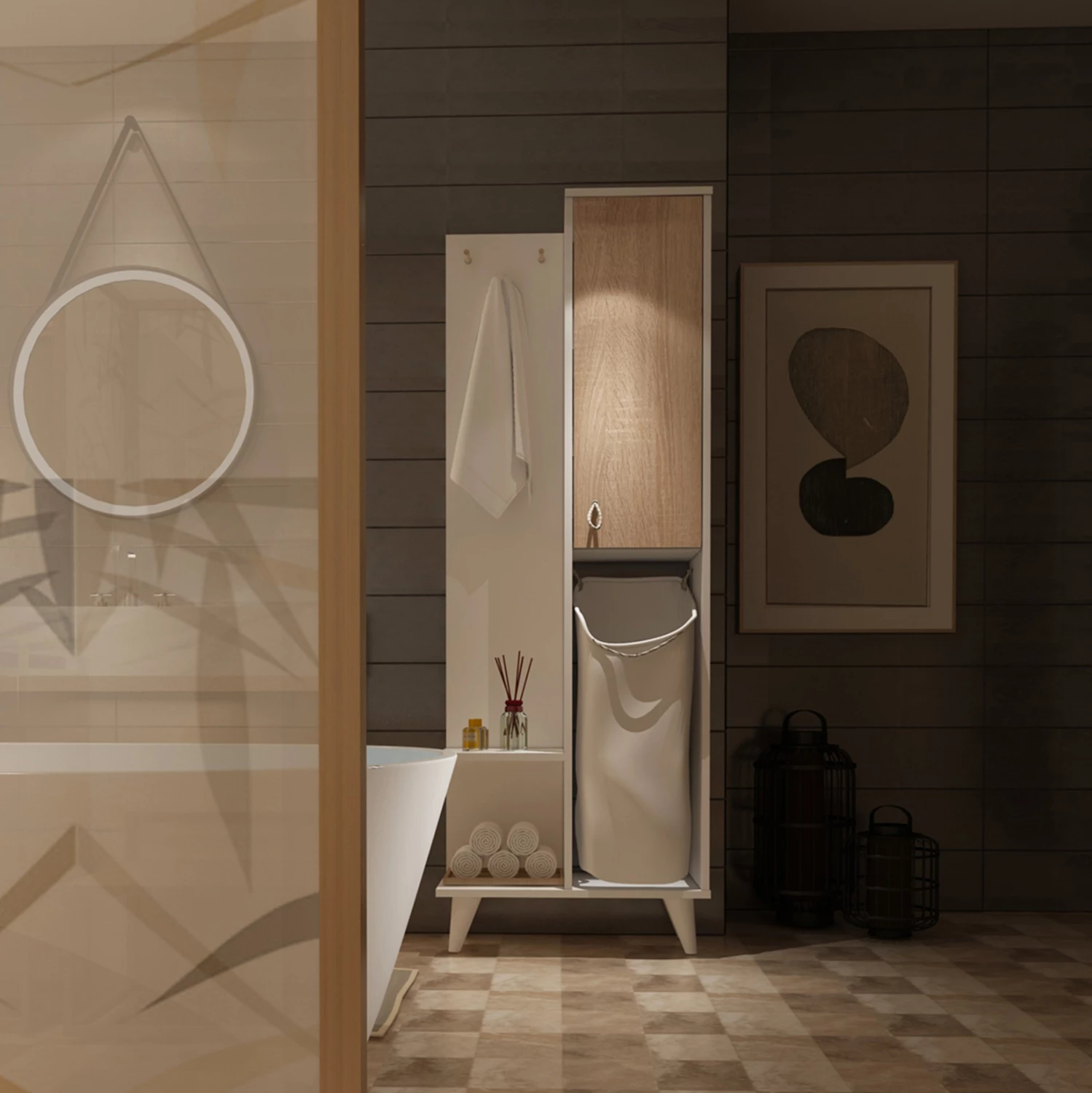 Mobilje banjoje prej melamine me shportë FH178, ngjyrë e bardhë dhe sonama, 64x30x178Y cm