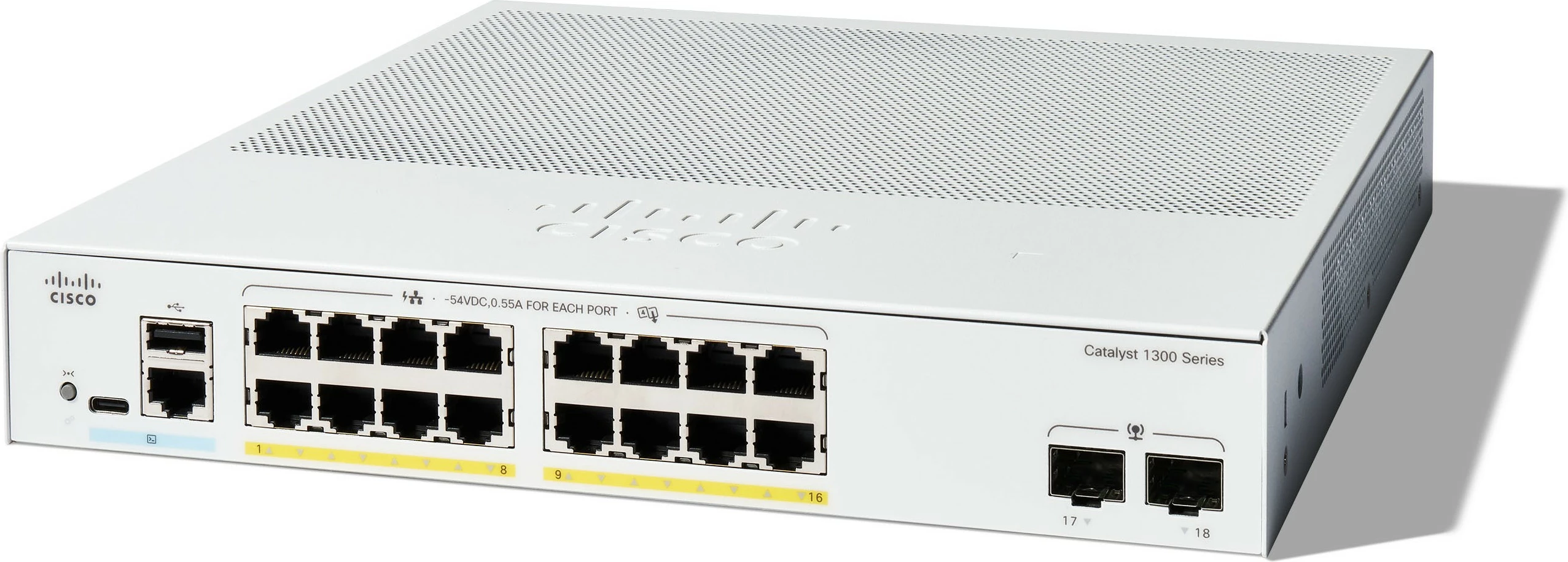 Switch Cisco Catalyst 1300-16FP-2G, 16 porta GE, PoE, 2x1GE SFP, i bardhë