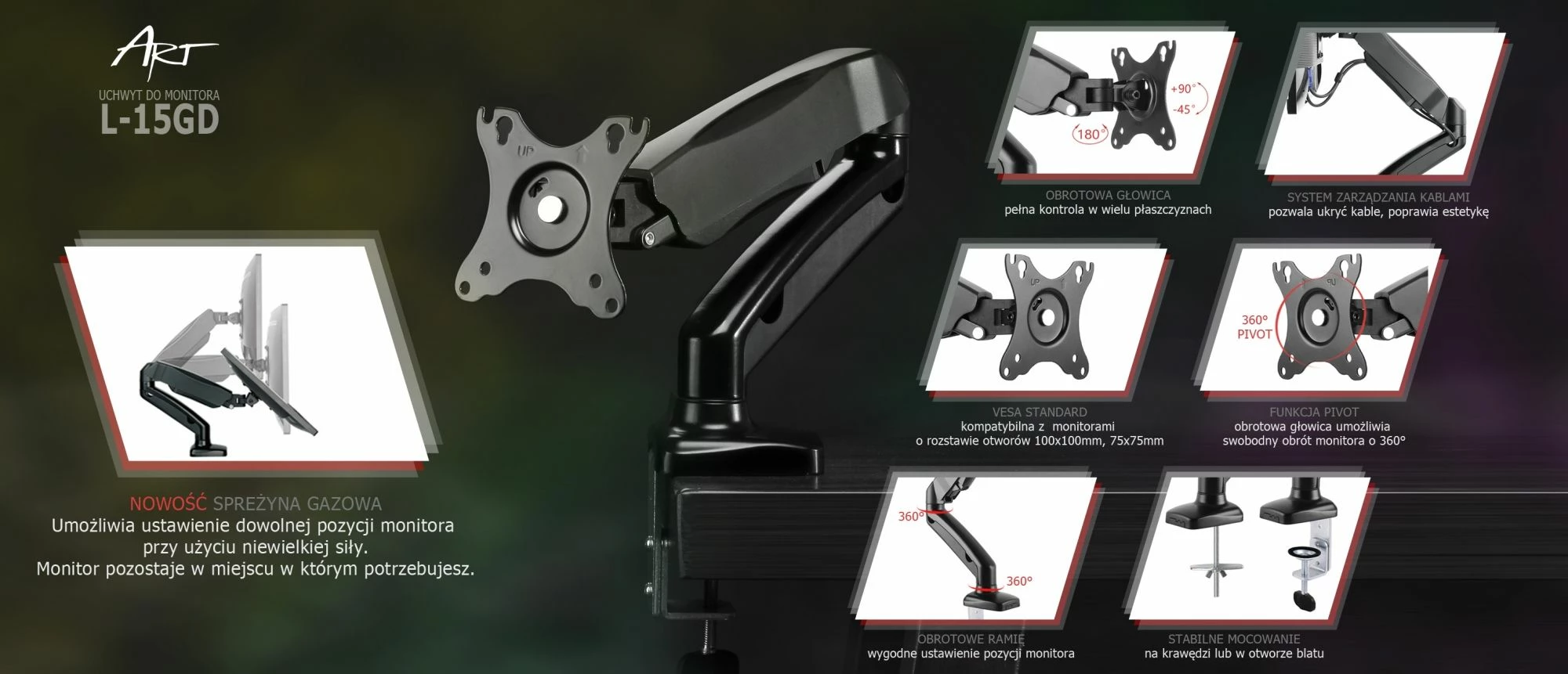 Mbajtëse tavoline për monitor Art L-15GD 13"-27" deri 6.5 kg VESA 75x75/100x100, e zezë