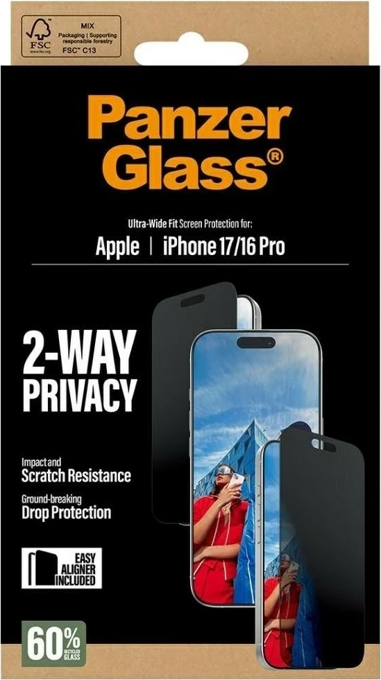 Mbështjellës xhami privatësie PanzerGlass Ultra-Wide Fit për iPhone 16 Pro/17, e zezë