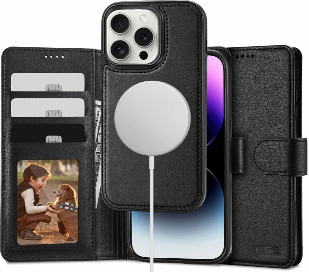 Mbështjellës Tech-Protect Wallet MagSafe për iPhone 16 Pro, eko-lëkurë, i zi