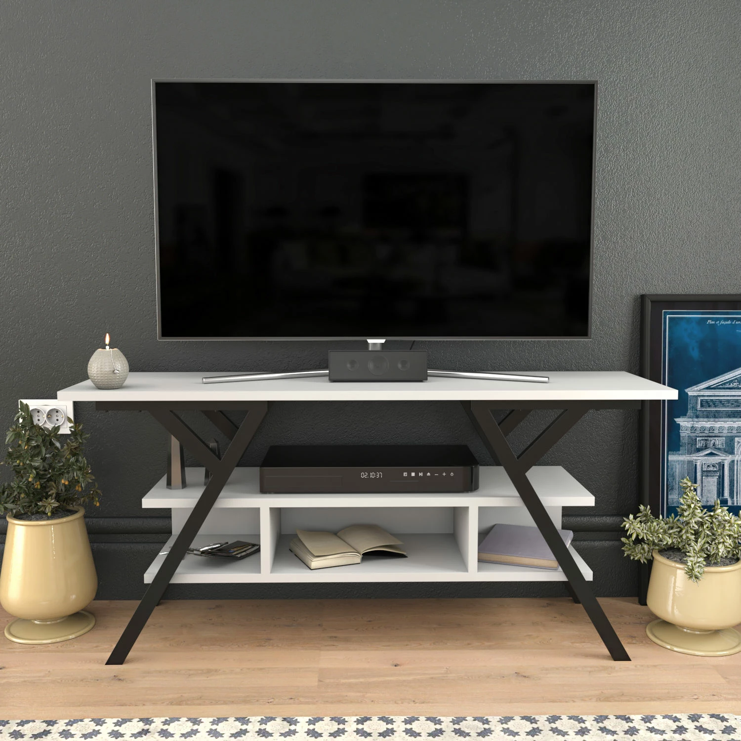 Komodë TV, ngjyrë e zezë dhe e bardhë, Skye Decor Minerva