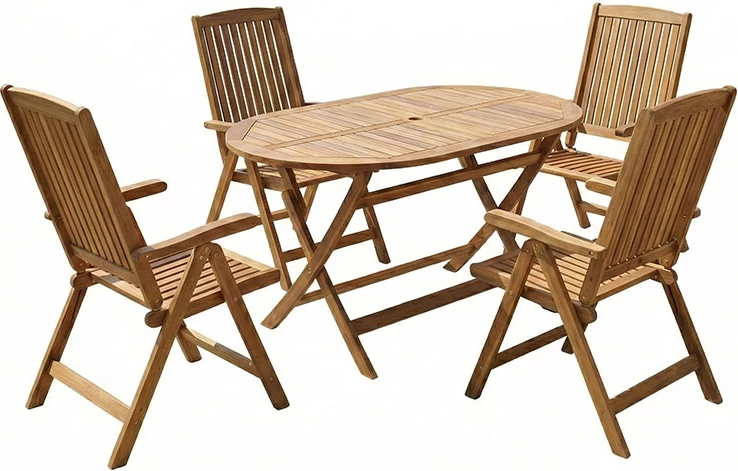 Tavolinë me karrige për terasë Zerco-Falov, dru akacie natyrale, set prej 5 copash, 130x80x72cm