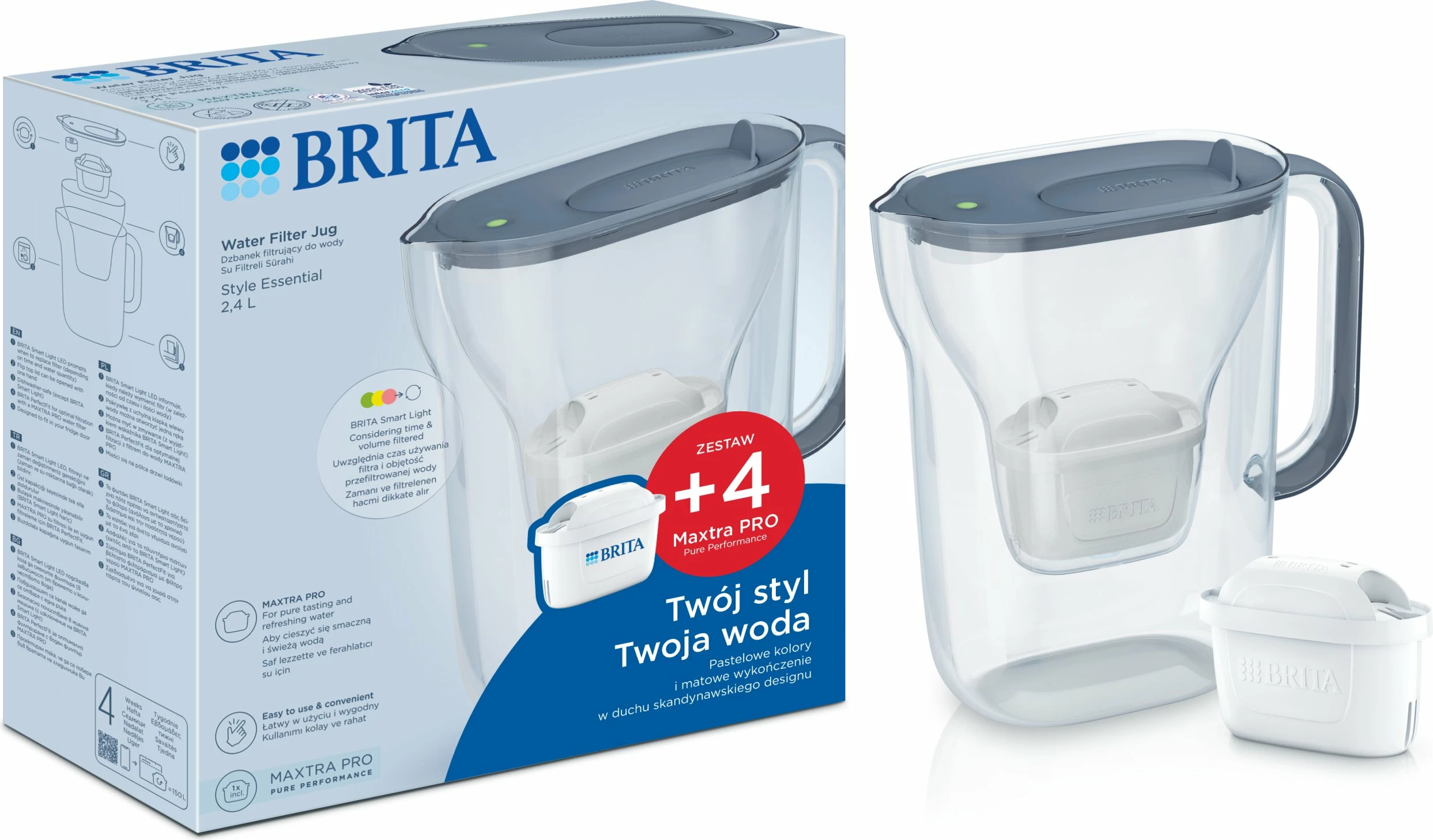 Bokall filtrues uji Brita Style Essential 2.4 L + 4 filtra MAXTRA PRO Pure Performance, Graphite