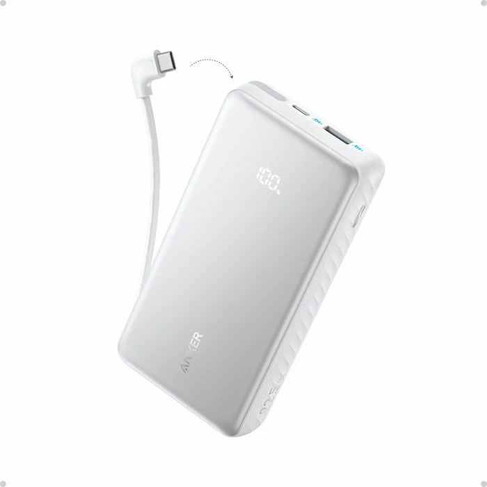 Powerbank Anker Zolo A110E 20000 mAh 22.5W me kabllo USB-C të integruar, e bardhë