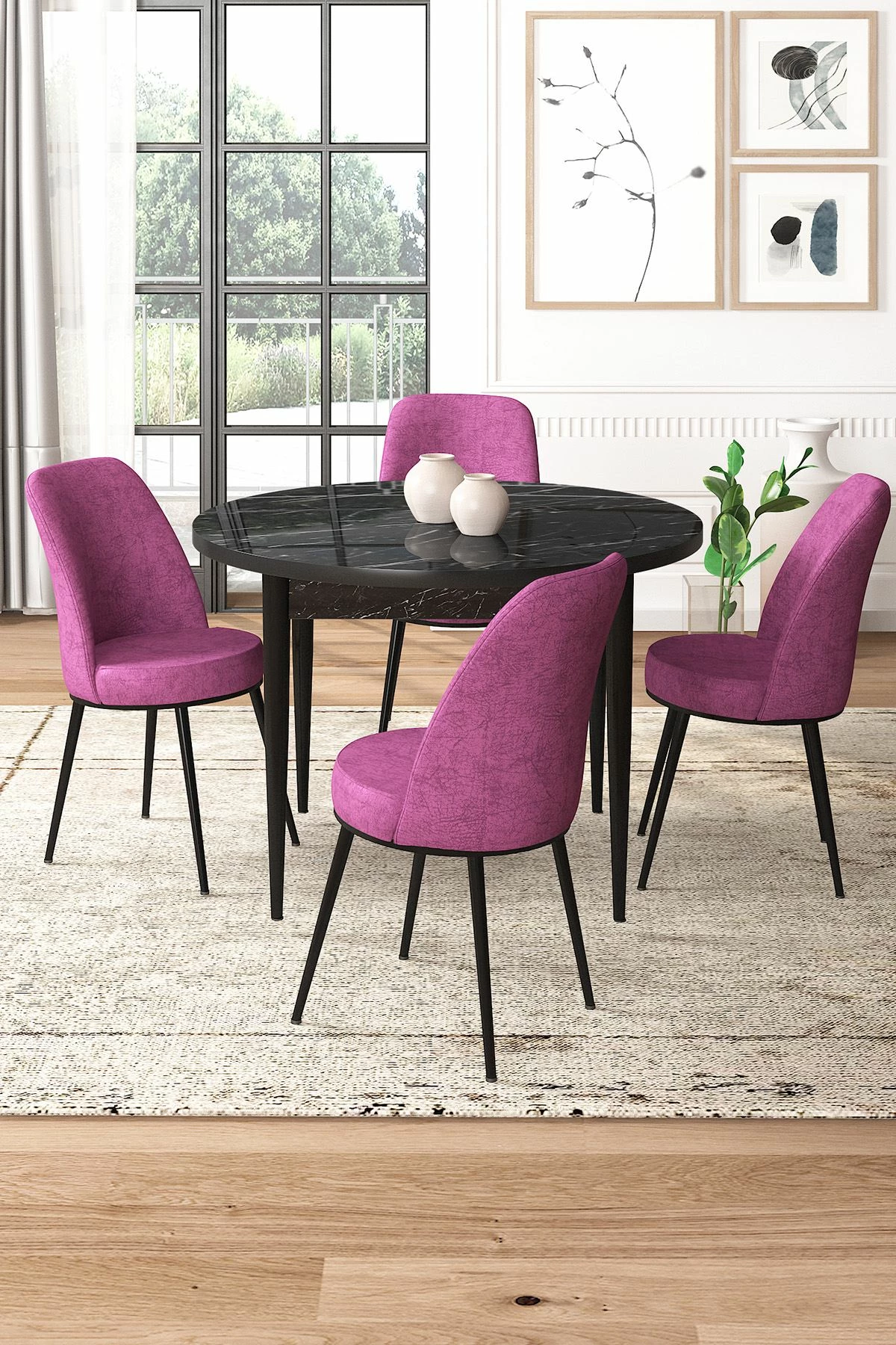 Tavolinë me karrige, 5 copë, Skye Decor, mermer i zi, karrige të purpurta