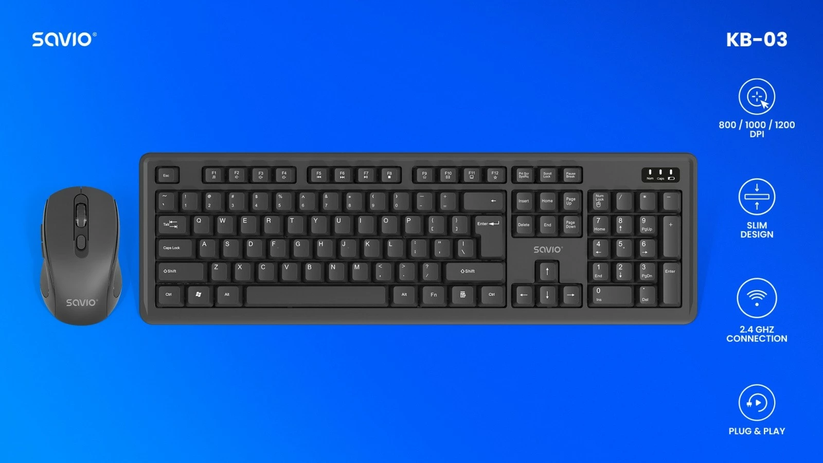 Komplet tastierë dhe maus pa tela, Savio, KB-03, 2.4 GHz USB receiver, layout US 104 taste, DPI 800-1200, e zezë