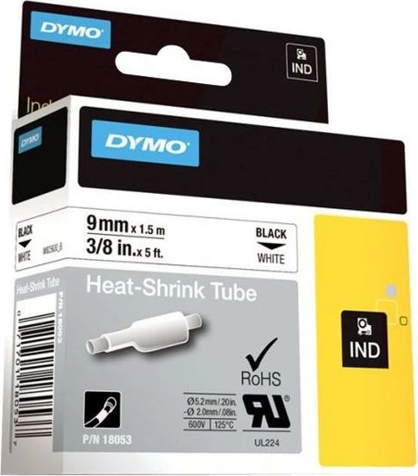 Tub tkurrës për etiketim, Dymo, RhinoPRO 18053 (S0718280), 9 mm x 1.5 m, raport tkurrjeje 3:1, zi në të bardhë