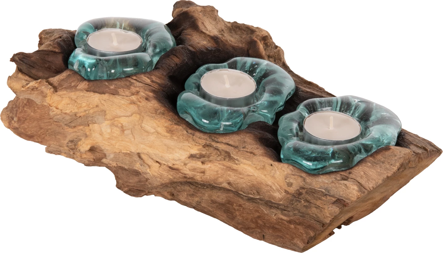 Dekor Tavoline FH4282 bazë qirinjsh-3 vende-dru TEAK i fortë dhe qelq-natyral