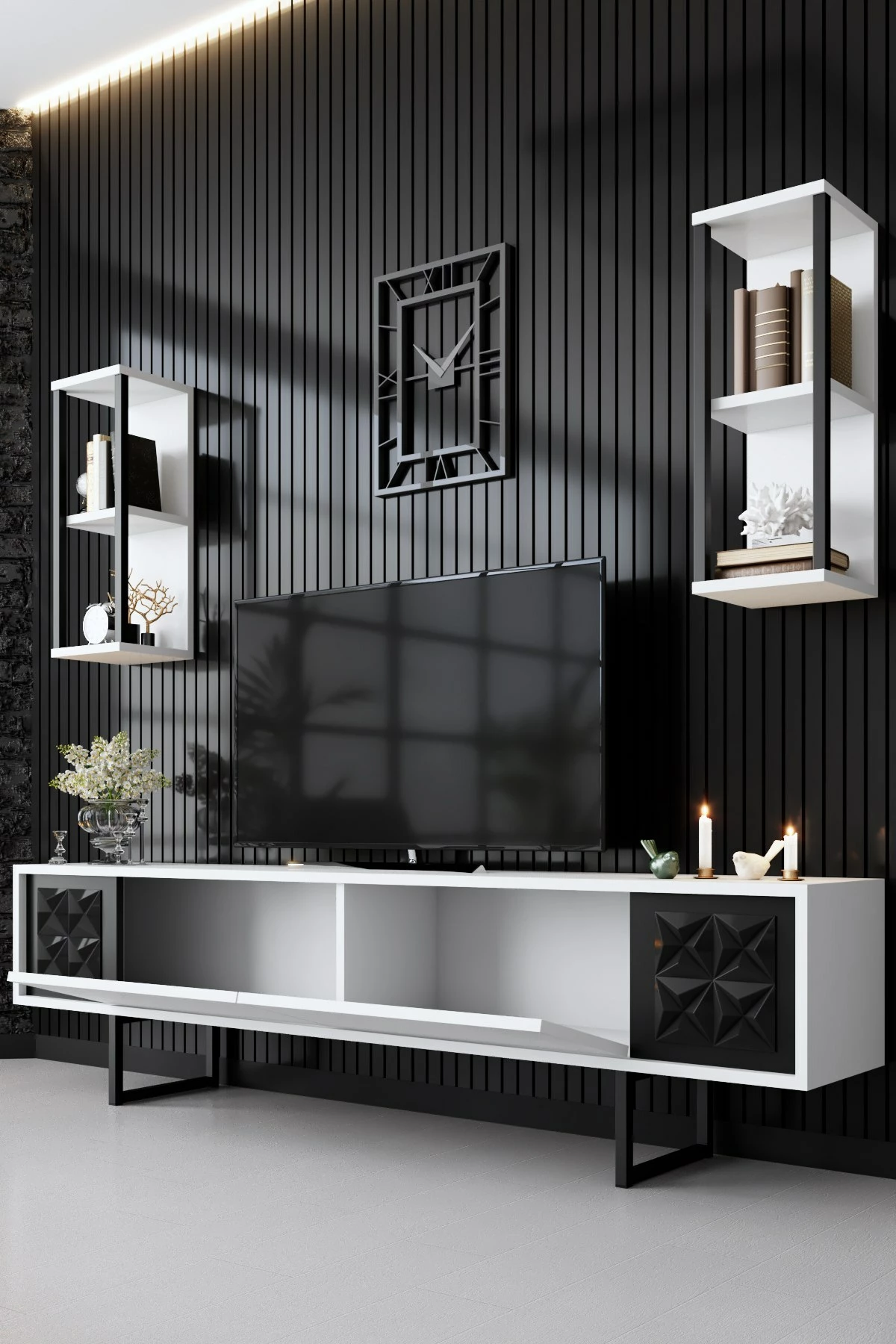 Set mobiljesh për dhomë dite Hanah Home, Black Line, e bardhë, e zezë