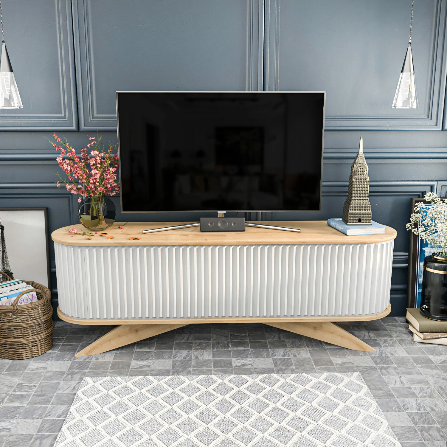 Komodë TV Hanah Home, ngjyrë safir dhe e bardhë, Stor