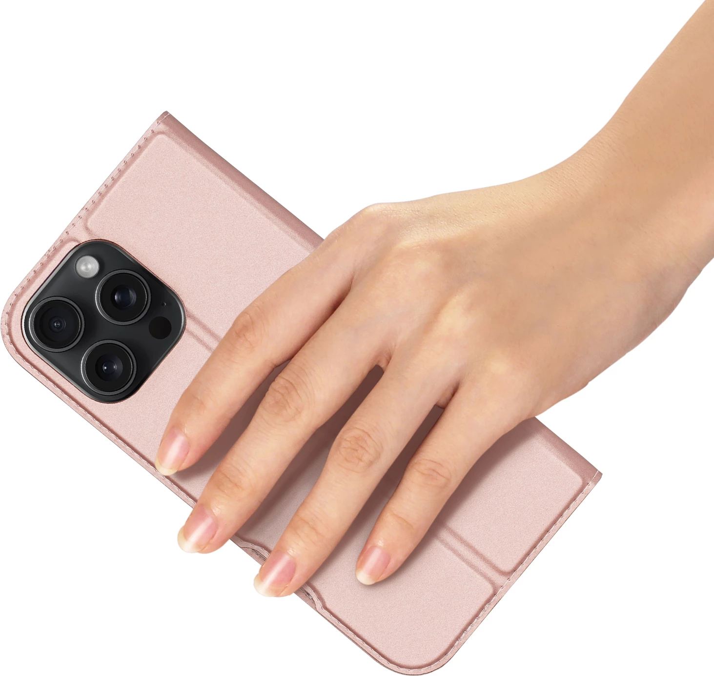 Mbështjellës Dux Ducis Skin Pro për iPhone 16 Pro Max, me kapak dhe xhep për kartela, Rozë