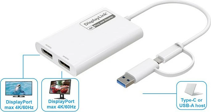 Adapter USB ROLINE 12.03.3207, USB-A/USB-C n’ 2x DisplayPort, 4K 60Hz, i bardhë
