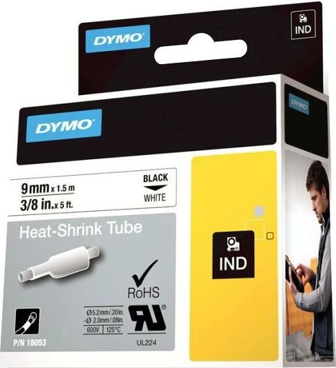 Tub tkurrës për etiketim, Dymo, RhinoPRO 18053 (S0718280), 9 mm x 1.5 m, raport tkurrjeje 3:1, zi në të bardhë