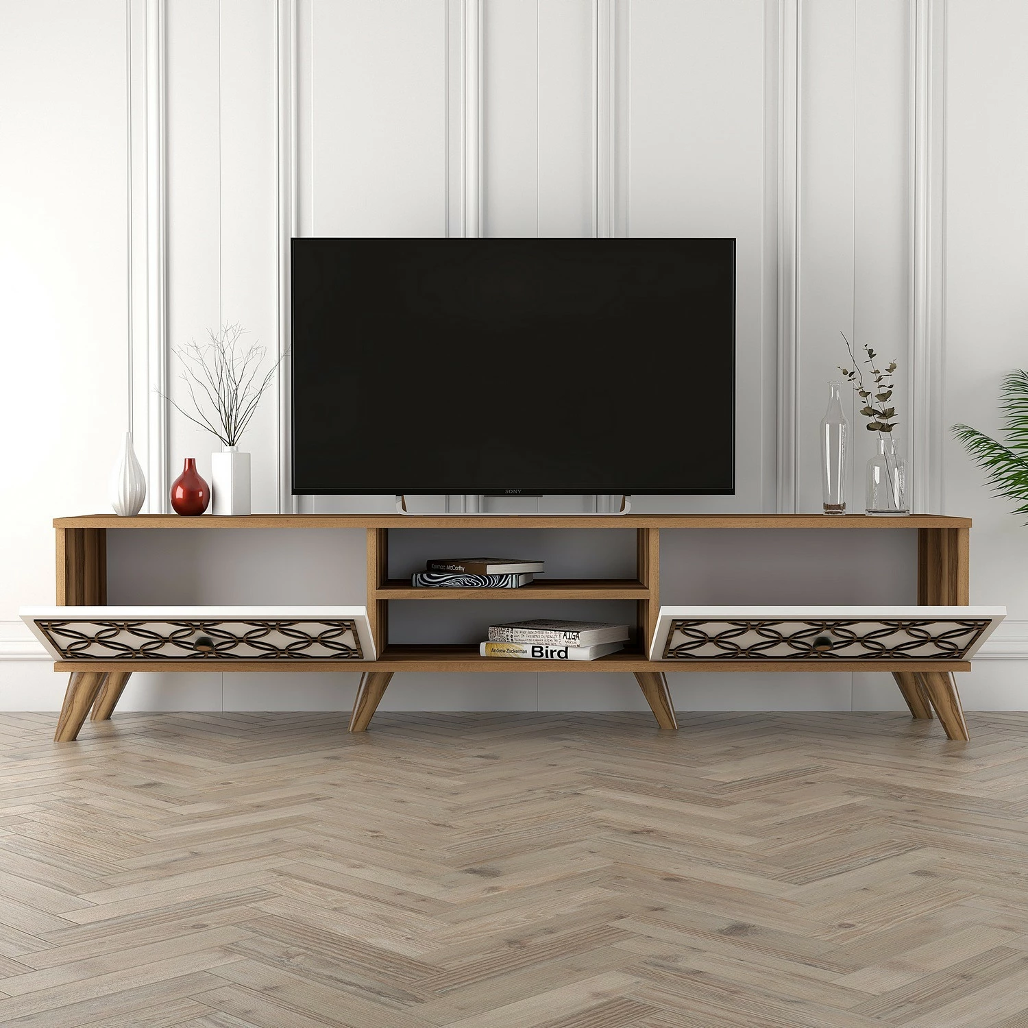 Komodë TV Hanah Home, Class, ngjyrë arre dhe e bardhë