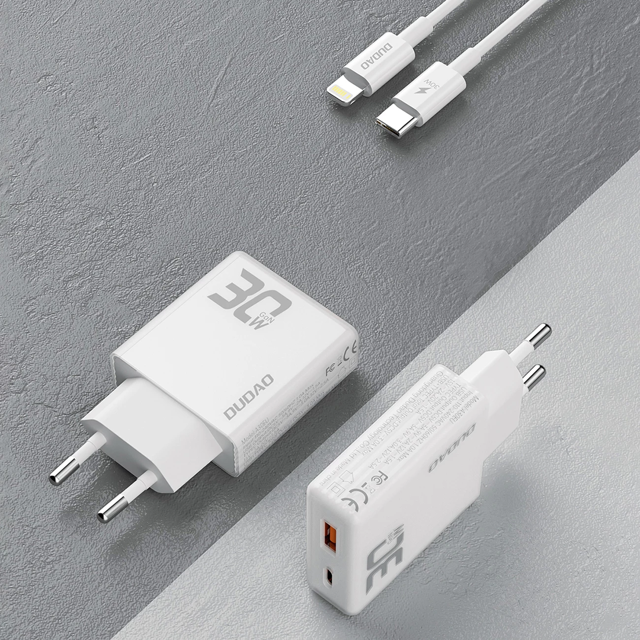 Karikues muri Dudao A30EUL, GaN, 30W, 2 porta USB-A/USB-C, me kabllo USB-C në Lightning, Bardhë